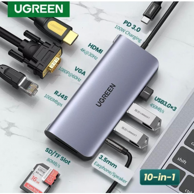 UGREEN 10in1 USB HUB (USB 3.0, Ethernet, HDMI, VGA, SD Card, Aux, PD)